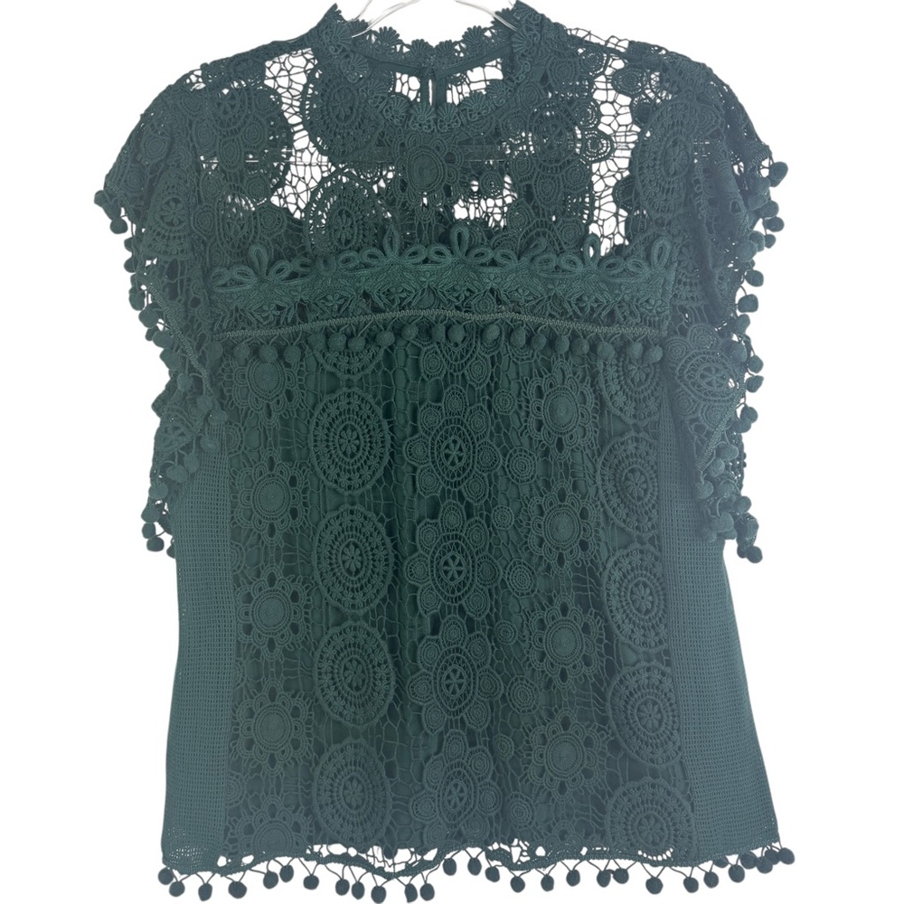 Tularosa Clayton Green Crochet Lace Pom‑Pom Crop‎ Top Boho Chic Off‑Shoulder M